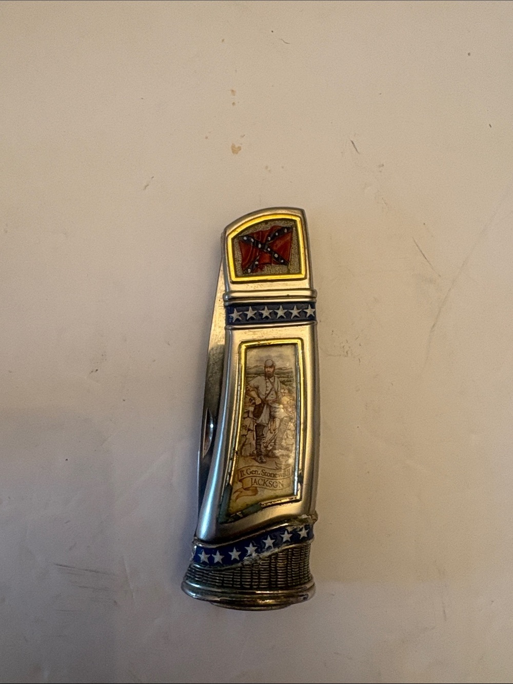Franklin Mint Silver-Tone Commemorative Folding Knife with Red and Blue Accents